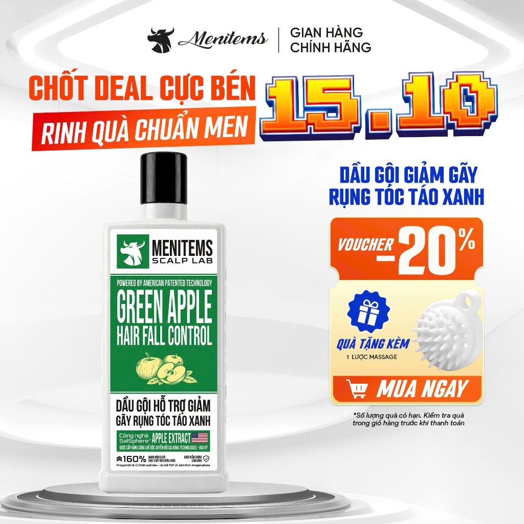 Dầu Gội Ngăn Rụng Tóc Táo Xanh Menitems Scalp Lab Green Apple, Giảm Gãy Rụng, Kích Thích Mọc Tóc Chuẩn Khoa Học 350ml