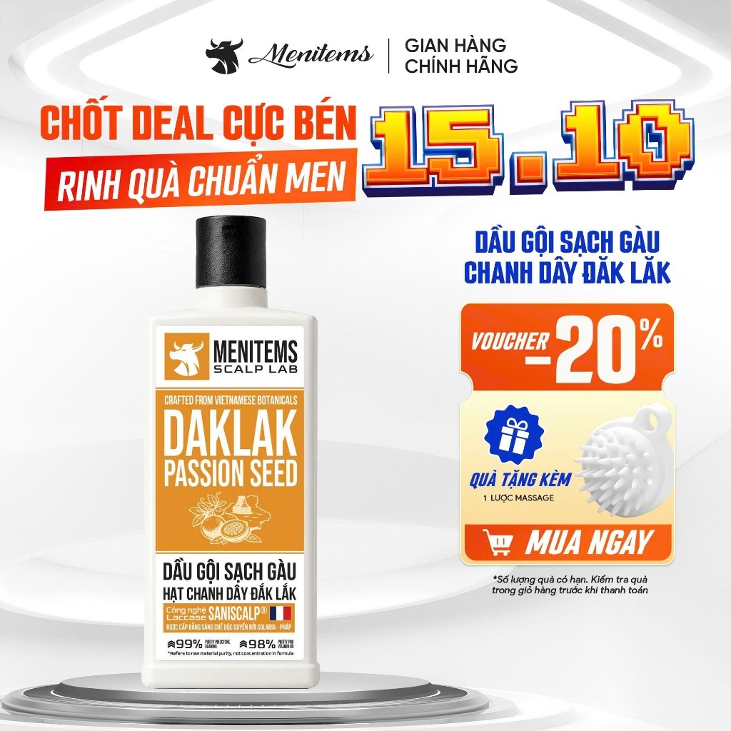 Dầu Gội Sạch Gàu Chanh Dây Chuẩn Khoa Học Dak Lak Passion Seed Menitems Scalp Lab 350ML, Giảm Gàu Ngứa Da Đầu Cho Nam