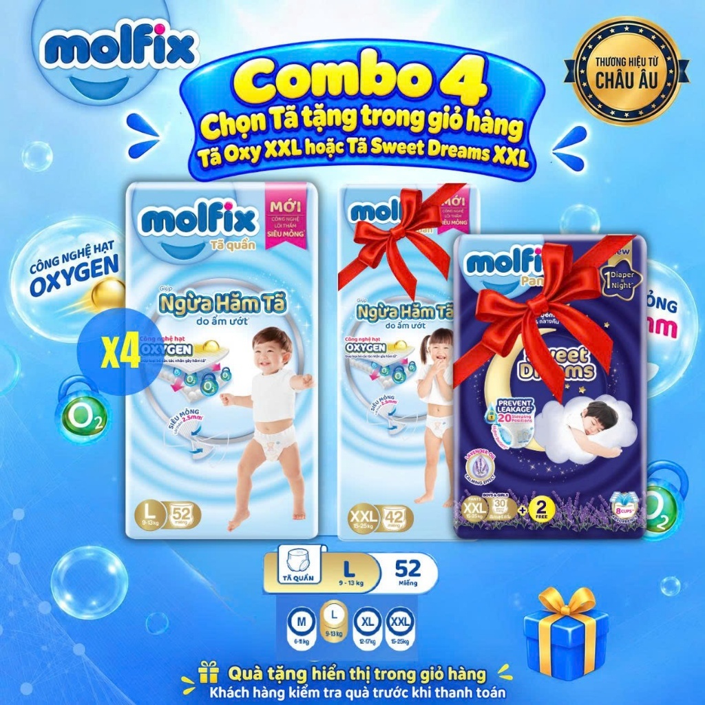 [Tặng 1 gói size XXL trong giỏ] Combo 4 Tã/bỉm quần Molfix Oxy Super Jumbo giúp Ngừa Hăm Tã đủ các size
