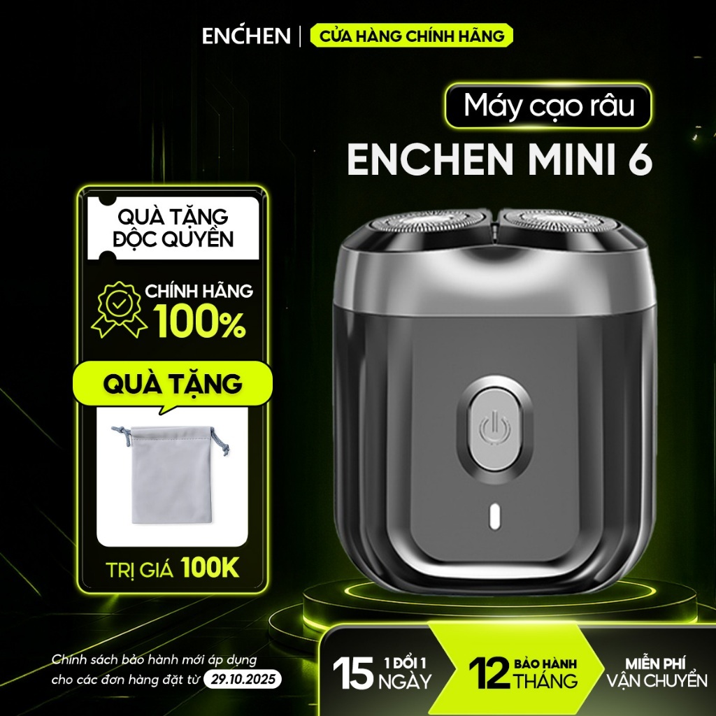 Máy cạo râu Enchen Mini 6 lưỡi dao kép mỏng, chống nước IPX7, pin sử dụng đến 2 tháng - BH 12 tháng