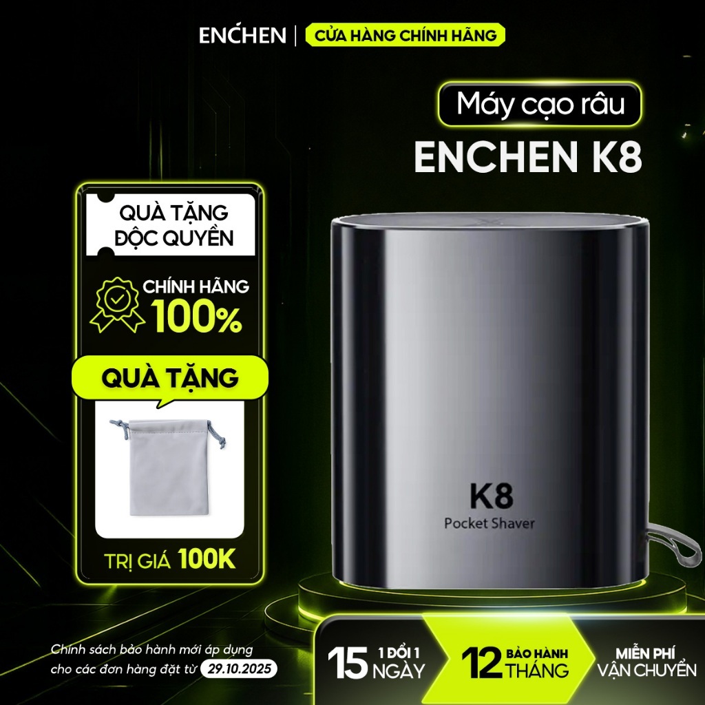 Máy cạo râu Enchen K8 đầu cạo 2D chống nước, 18 lưỡi dao tự mài, pin dùng đến 60 ngày - BH 12 tháng