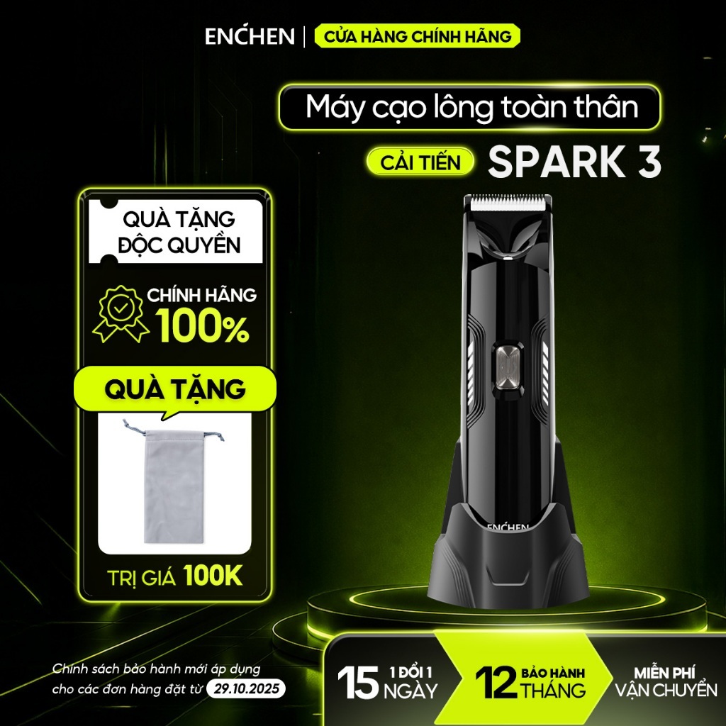 Máy Cạo Lông Toàn Thân Enchen Spark 3 - Cạo Lông Vùng Kín, Chân, Nách Cho Nam & Nữ - Chống Nước, Đèn Led, An Toàn