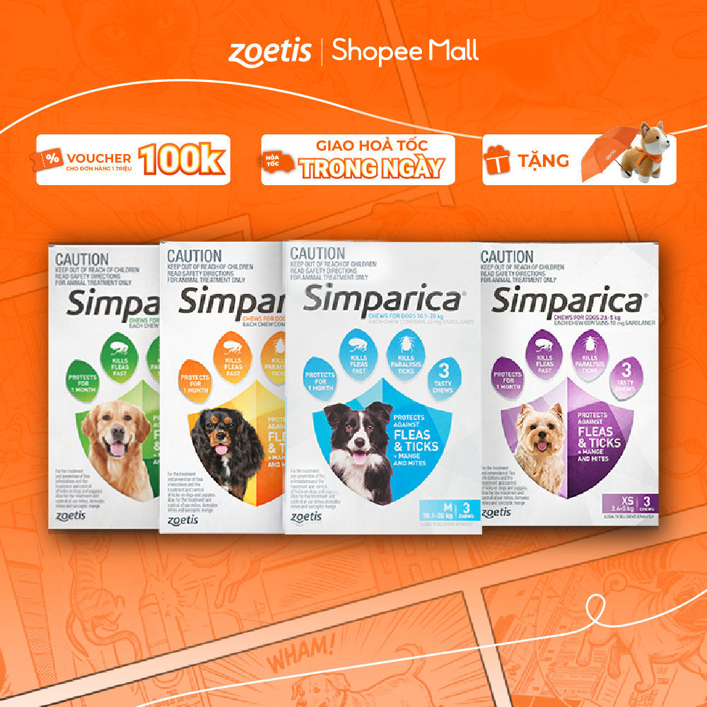 Simparica- Viên nhai phòng sạch ve,ghẻ, bọ chét SIMPARICA dành cho chó từ 2.6-40kg (Hộp 3viên)