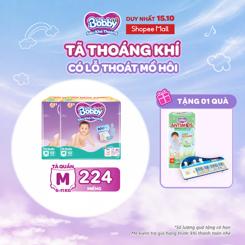 [TẶNG MIẾNG NGẪU NHIÊN] Combo 02 tã quần Bobby Khô Thoáng - 100% Thoáng Khí Mega Jumbo M112/L96/XL84/XXL76