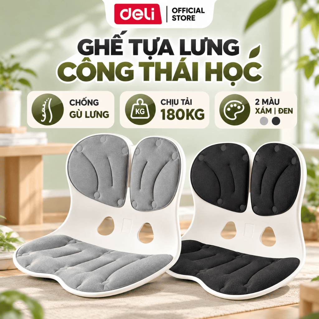 [BÁN CHẠY🔥] Ghế Bệt Tựa Lưng Công Thái Học Deli Điều Chỉnh Tư Thế Ngồi - Chống Gù Lưng Hiệu Quả, GIảm Đau Mỏi Lưng