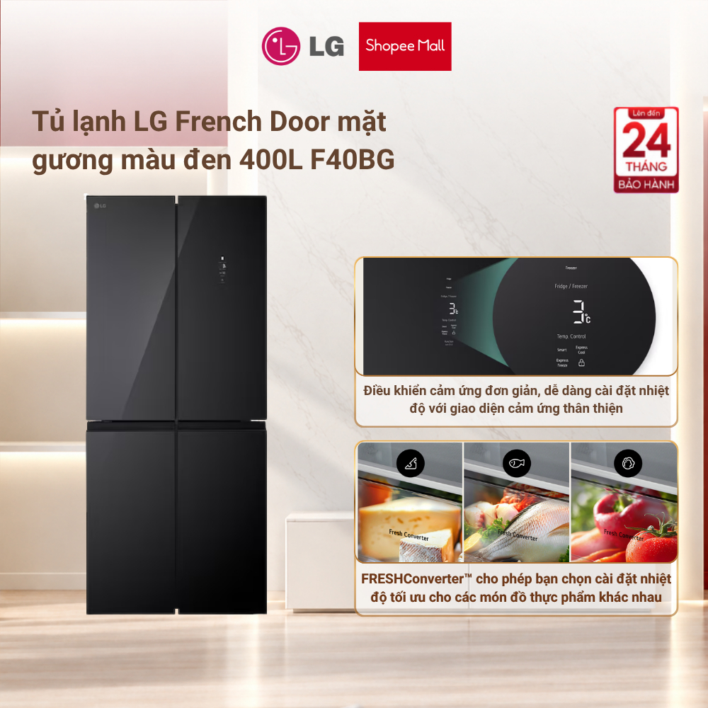 [Công lắp đặt 0Đ HN HCM] - Tủ lạnh LG French Door mặt gương màu đen 400L F40BG Chính Hãng