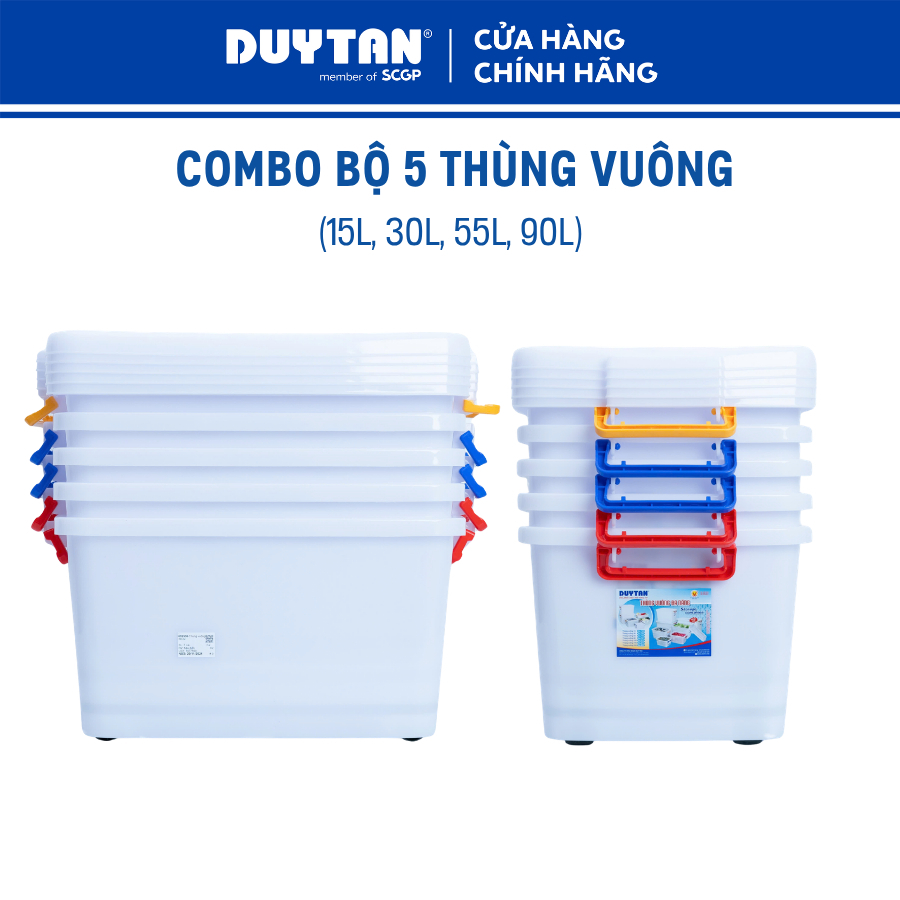 Combo 5 thùng nhựa vuông Duy Tân, dung tích 15L, 30L, 55L, 90L, nhựa PP - Đựng đồ, đựng thực phẩm