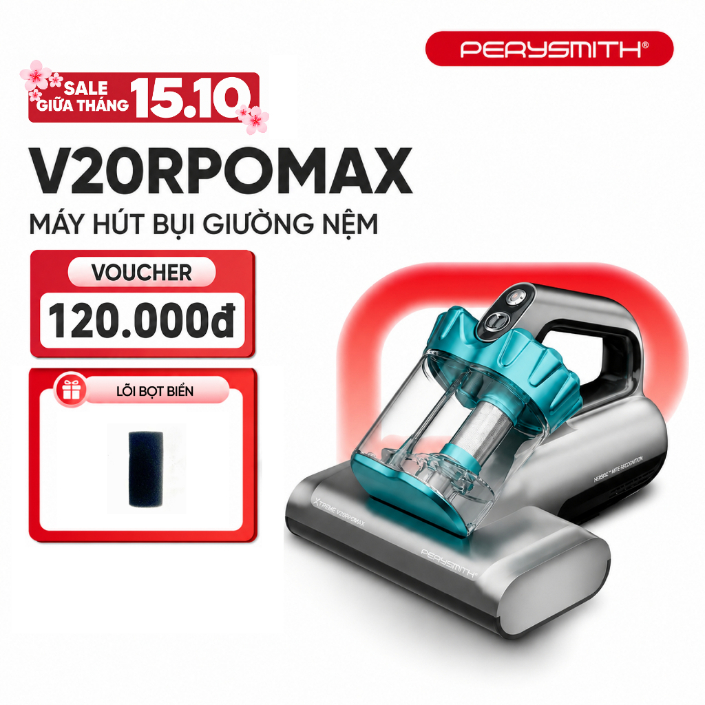 Máy Hút Bụi Giường Nệm PerySmith V20Pro Max Xtreme Series, Không Dây, Diệt Khuẩn UV, Sấy Nóng, Hút Bụi Mịn