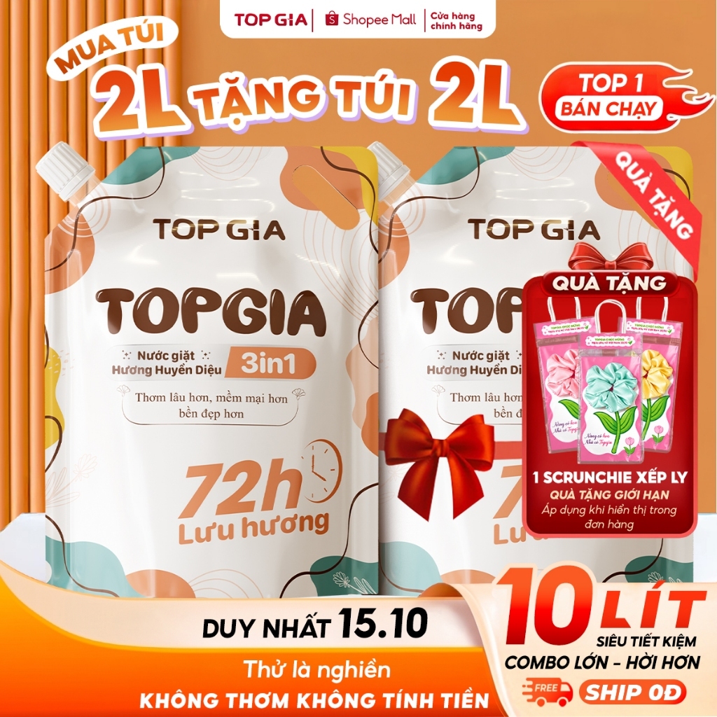 Nước Giặt TopGia 3in1 Hương Huyền Diệu Dịu Nhẹ Làm Sạch Vết Bẩn, Lưu Hương 72h, Túi 2L