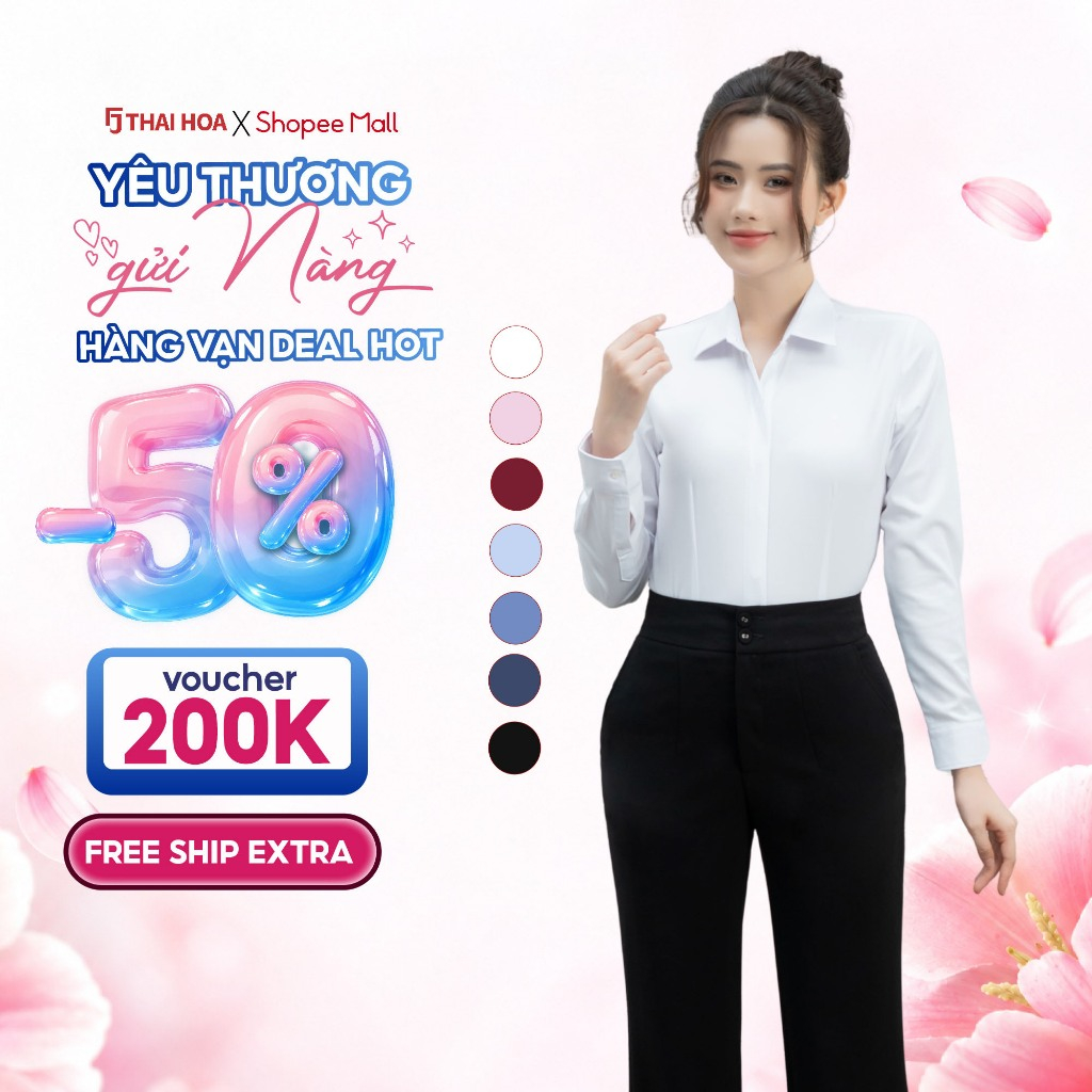 Áo sơ mi nữ 216 dài tay sợi cotton phối poly vải trơn cao cấp nẹp khuy giấu cúc Thái Hòa