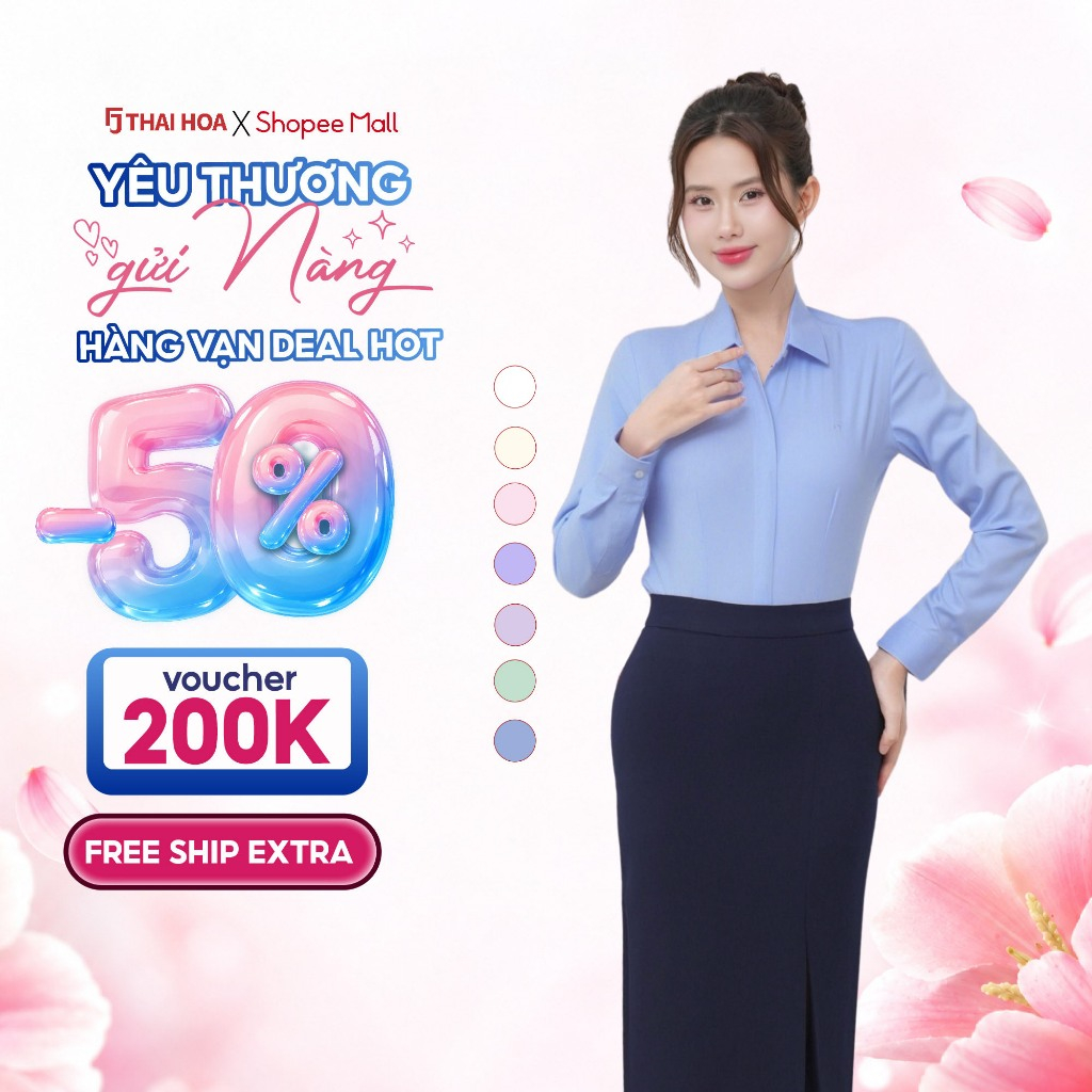 Áo sơ mi nữ 102 chất liệu cotton form ôm trơn bản nẹp khuy cao cấp dài tay Thái Hòa