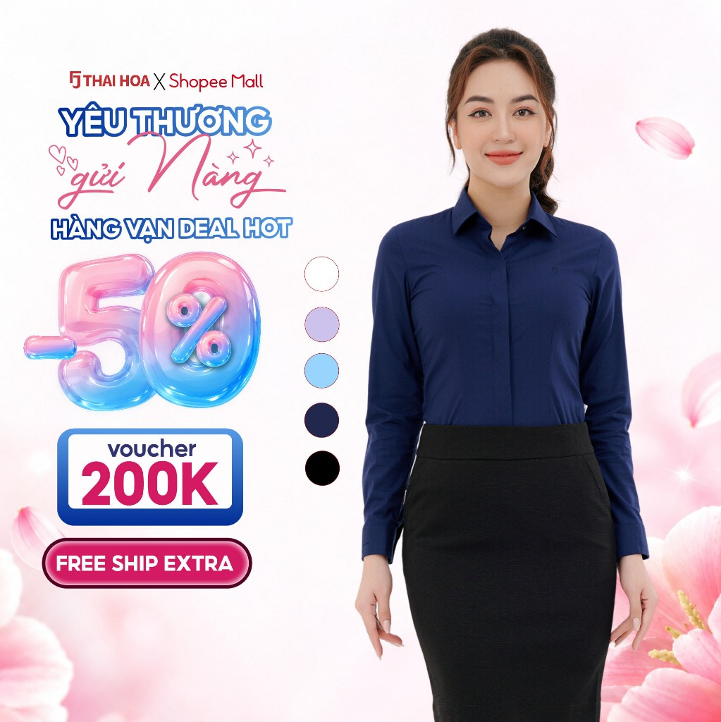 Áo sơ mi ASW0101-R07 dài tay nữ chất liệu sợi tre vải kẻ xéo phay cao cấp nhiều màu Thái Hòa