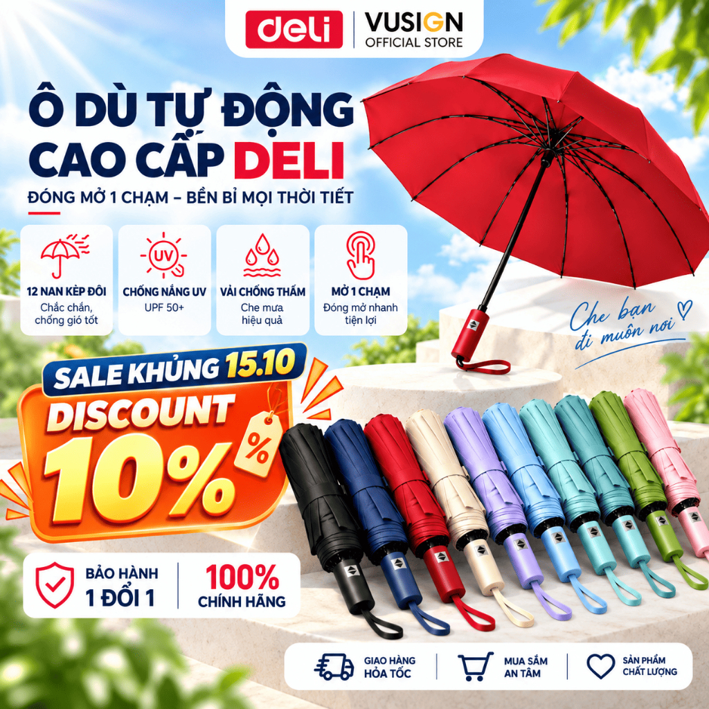 [HOT 🔥] Ô Dù Che Mưa Đi Nắng Tự Động DELI 12 Nan Đôi Chống UV đường kính lớn Nút Đóng/Mở tự động Thông Minh Nhiều Màu