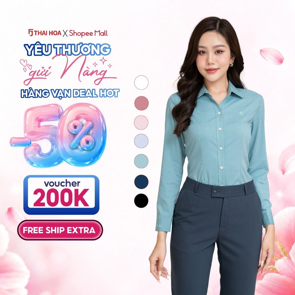 Áo sơ mi nữ R11 dài tay tinh chất sợi tre vải xước form ôm Thái Hòa dài tay nữ cổ Đức