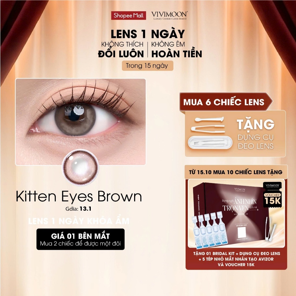 01 Chiếc Kính áp tròng VIVIMOON LENS 1 ngày màu nâu sáng Kitten Eyes Brown (Giá 1 bên mắt, x2 để đặt 1 đôi)