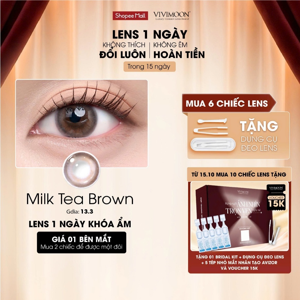 VIVIMOON lens cận 1 ngày Milk Tea Brown, kính áp tròng khóa ẩm màu nâu trà sữa (Giá 1 chiếc-1 bên mắt, x2 để mua 1 đôi)