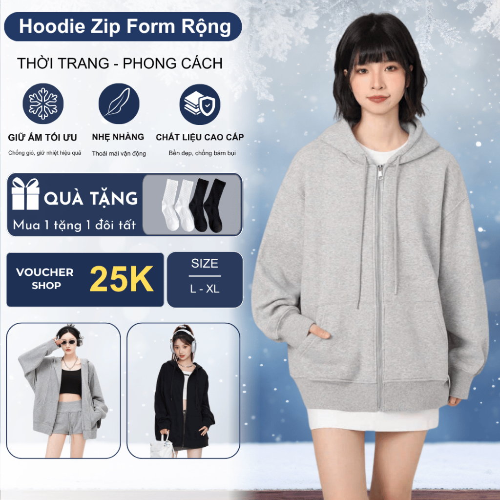 Hoodie Zip Form Rộng LOVELLA Nỉ Hàn Chống Nắng Unisex Phong Cách Hàn Quốc Ullazang Basic ZIP22