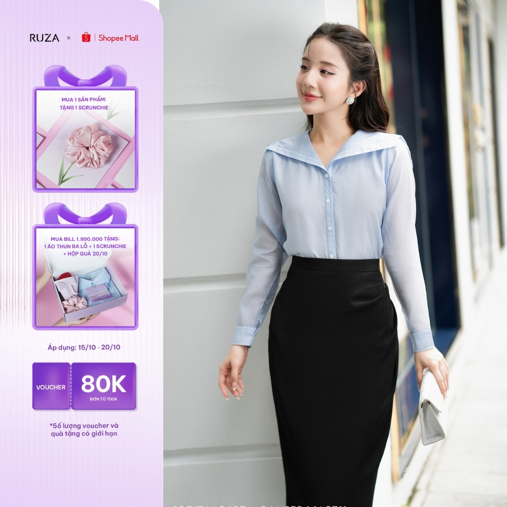 Áo sơ mi nữ tay dài RUZA cổ áo thủy thủ kiểu dáng sang trọng thời trang công sở thanh lịch ADB176