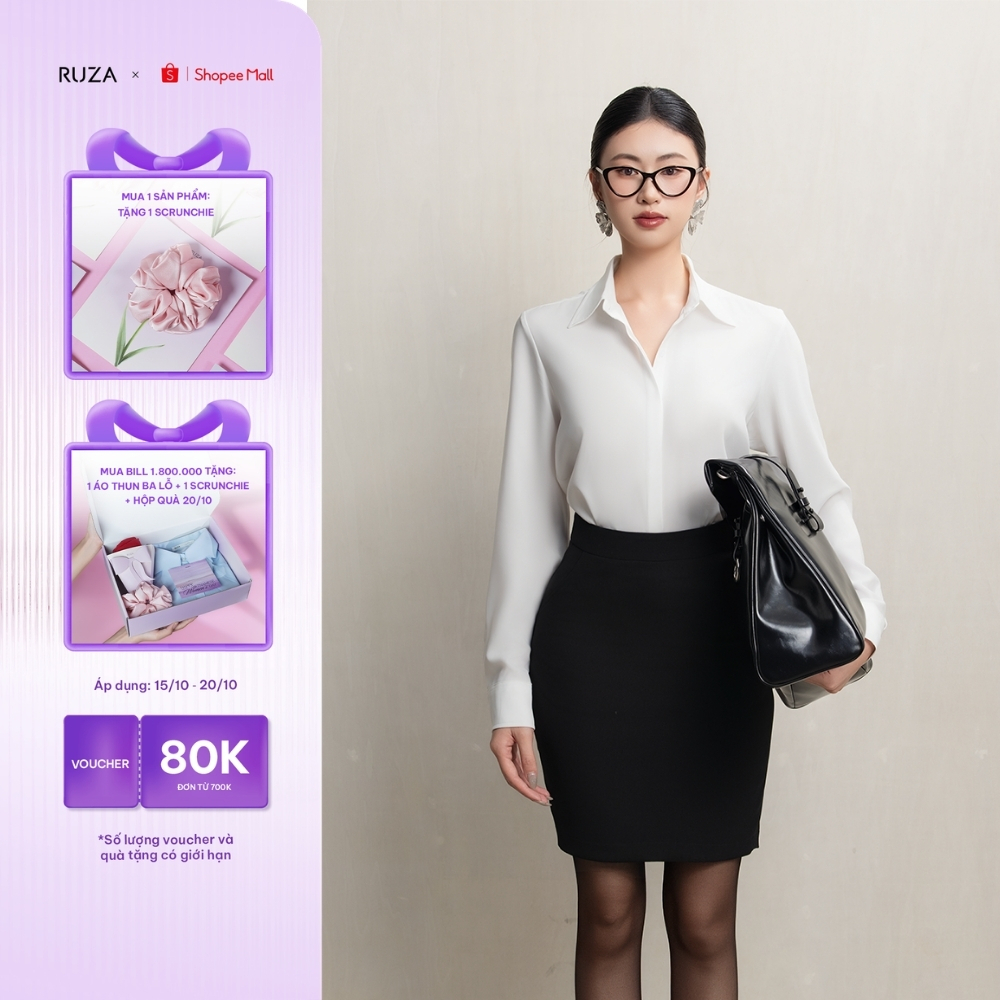 Áo sơ mi nữ RUZA chất liệu lụa màu trắng tay dài kiểu basic công sở mềm mại thoáng mát ADE368