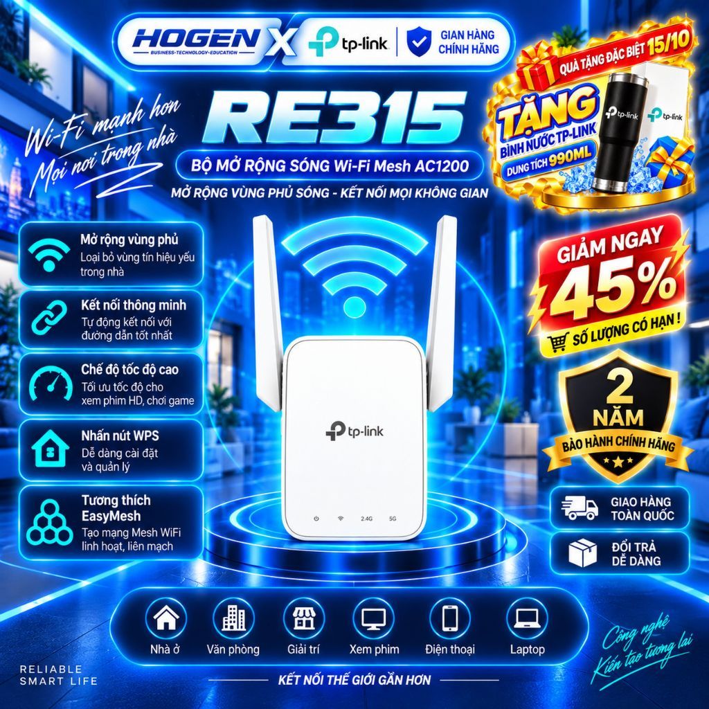 [TP-Link] Bộ Mở Rộng Sóng Wifi Mesh AC1200 RE315 | Chế Độ Tăng Tốc 100%, Mesh Xuyên Tường, BH 24TH