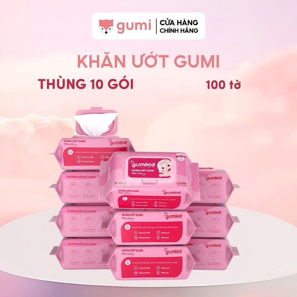 (KID)Thùng 10/ 5 gói khăn ướt Gumi không cồn không parabens cao cấp.