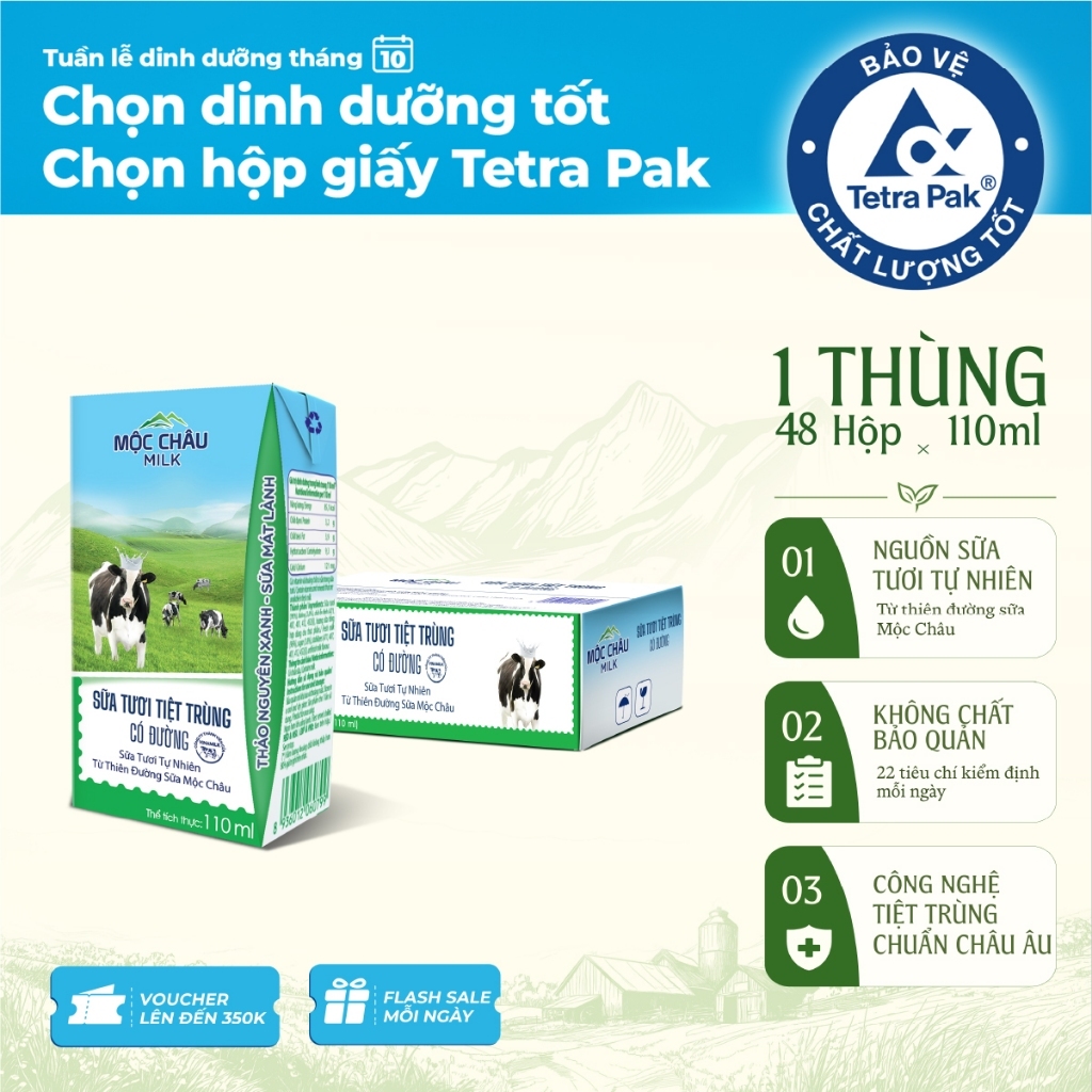 Thùng 48 Hộp 110ml Sữa Tươi Tiệt Trùng Có Đường Mộc Châu Milk