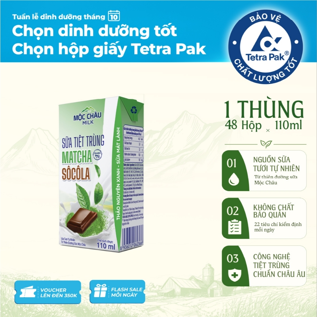 Thùng 48 Hộp 110ml Sữa Tươi Tiệt Trùng Matcha Socola Mộc Châu Milk