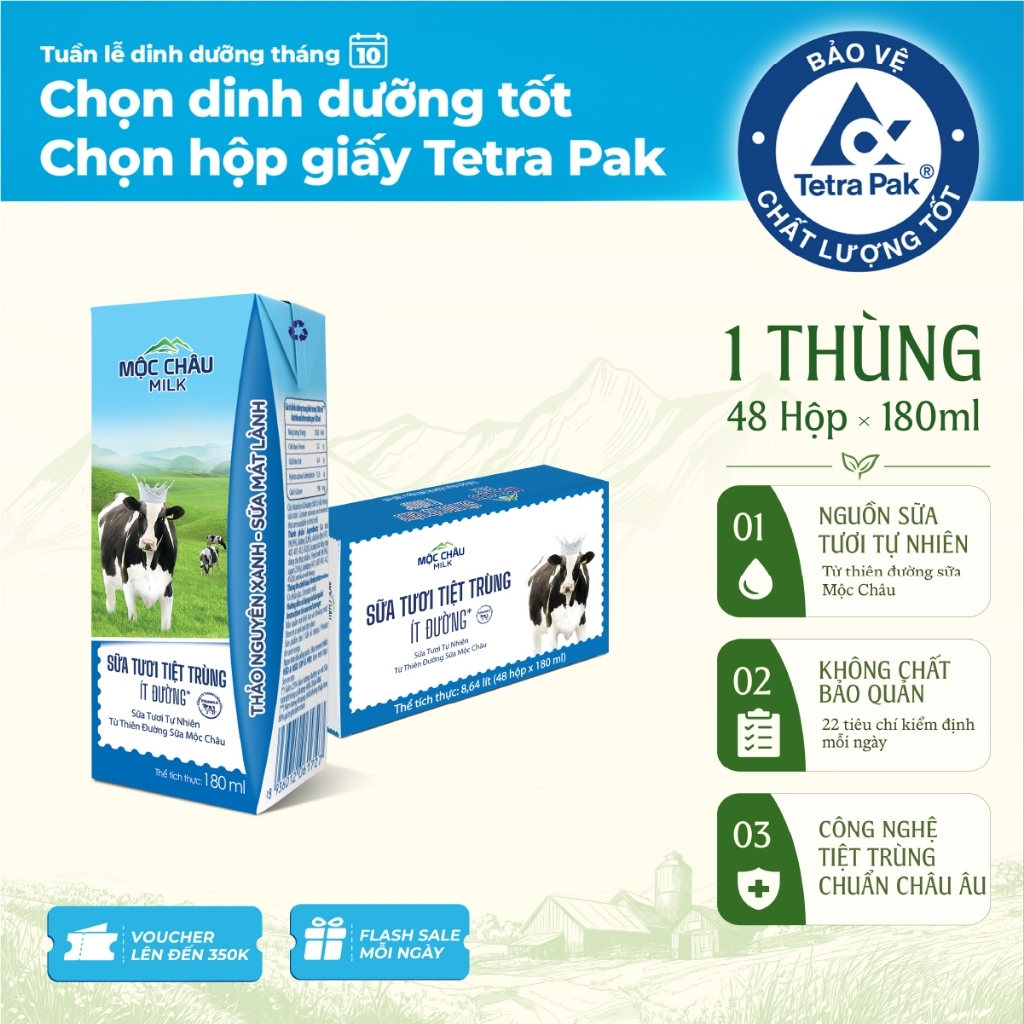 Thùng 48 Hộp 180ml Sữa Tươi Tiệt Trùng Ít Đường Mộc Châu Milk (48 hộp*180ml)