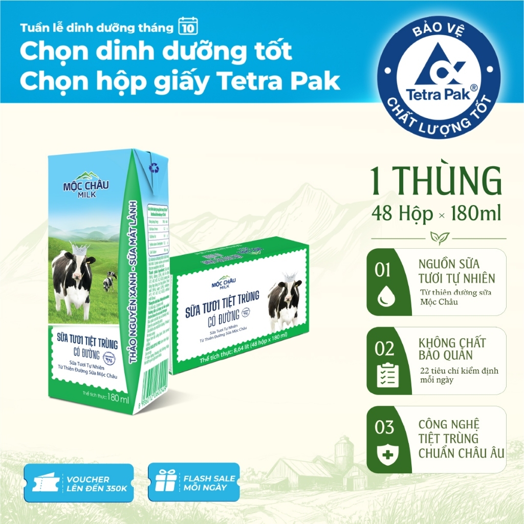 Thùng 48 Hộp 180ml Sữa Tươi Tiệt Trùng Có Đường Mộc Châu Milk