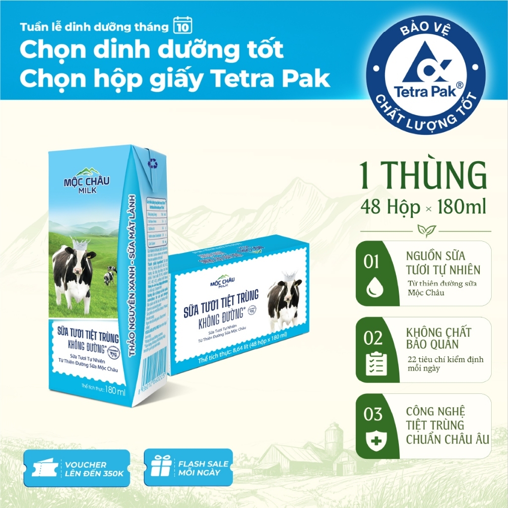 Thùng 48 Hộp 180ml Sữa Tươi Tiệt Trùng Không Đường Mộc Châu Milk