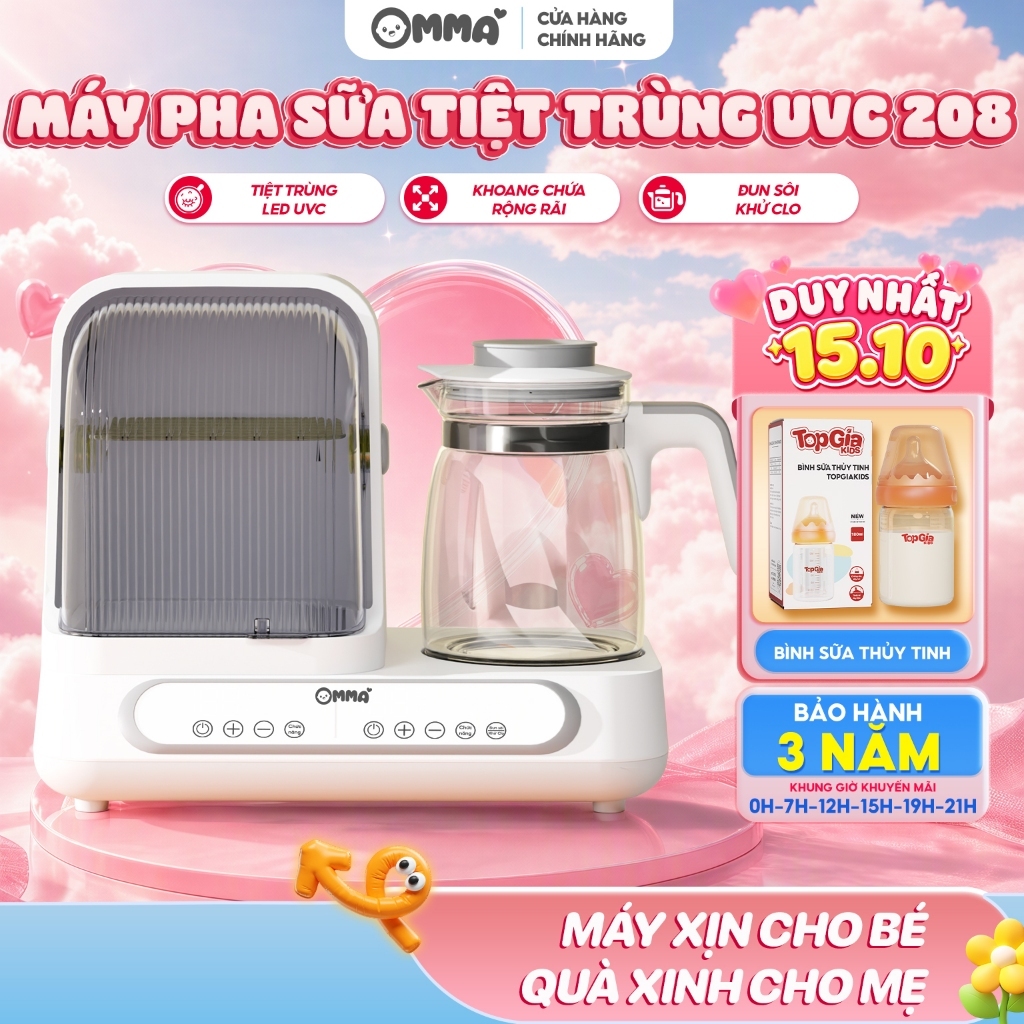 Máy hâm sữa tiệt trùng led UVC sấy khô đa năng OMMA 208- Đun nước,Pha sữa chuẩn xác giữ ấm nước 24h, Bảo hành 3 năm