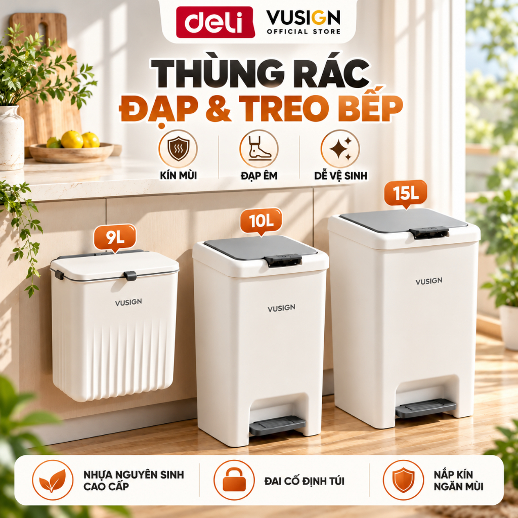 [DEAL HOT 🔥] Thùng rác đạp chân 10L,15L Deli có nắp ấn mở chống mùi sọt rác để phòng khách phòng ngủ