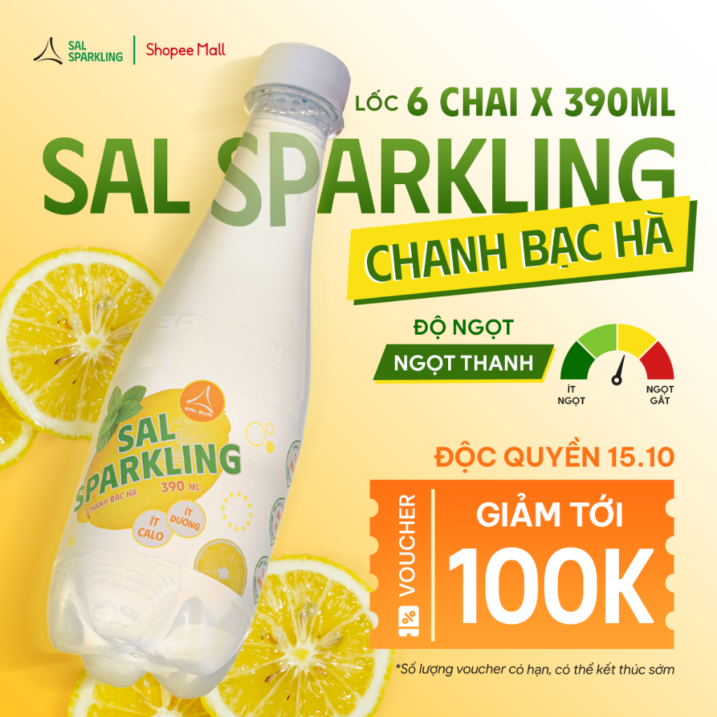 Lốc 6 chai nước Chanh Bạc Hà SAL SPARKLING, 390ml/chai