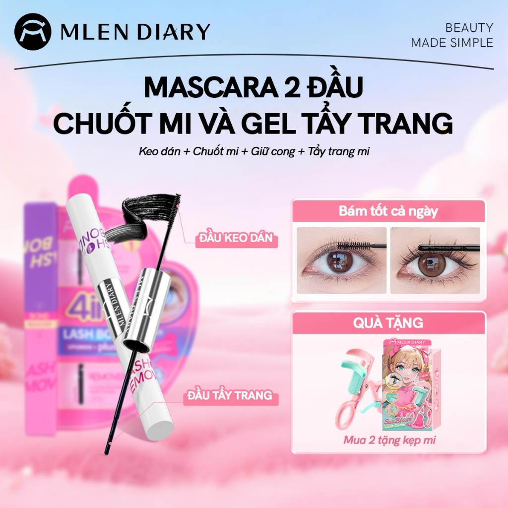 MLEN DIARY Mascara Keo Dán Mi Chuốt Mi Hai Đầu Định Hình 4in1 Chuốt Mi Có Sẵn Keo Kèm Gel Tẩy Trang Tiện Lợi