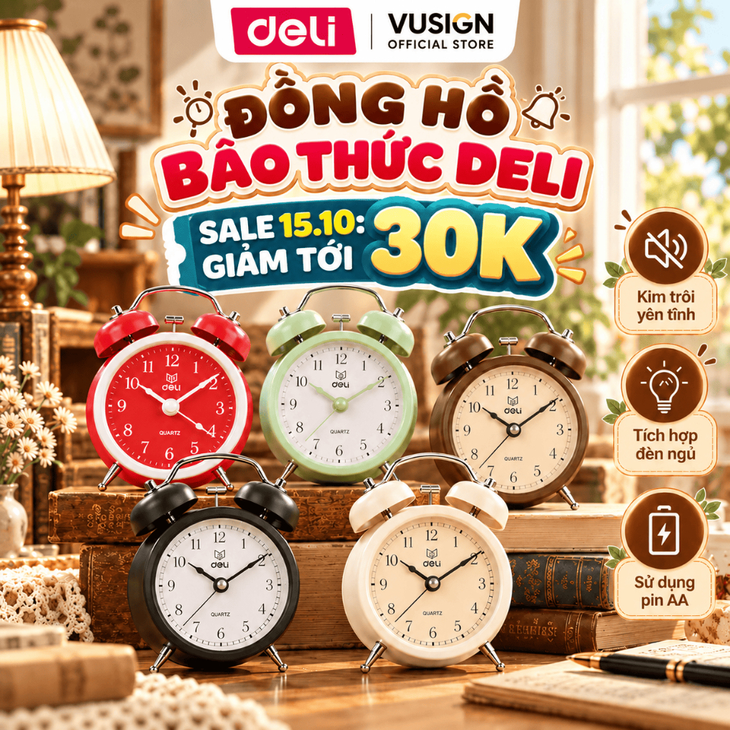[TẶNG PIN + HỎA TỐC] Đồng Hồ Báo Thức Để Bàn Cổ Điển DELI Hai Chuông Kim Trôi Êm, Báo Thức To Trang Trí Bàn Học