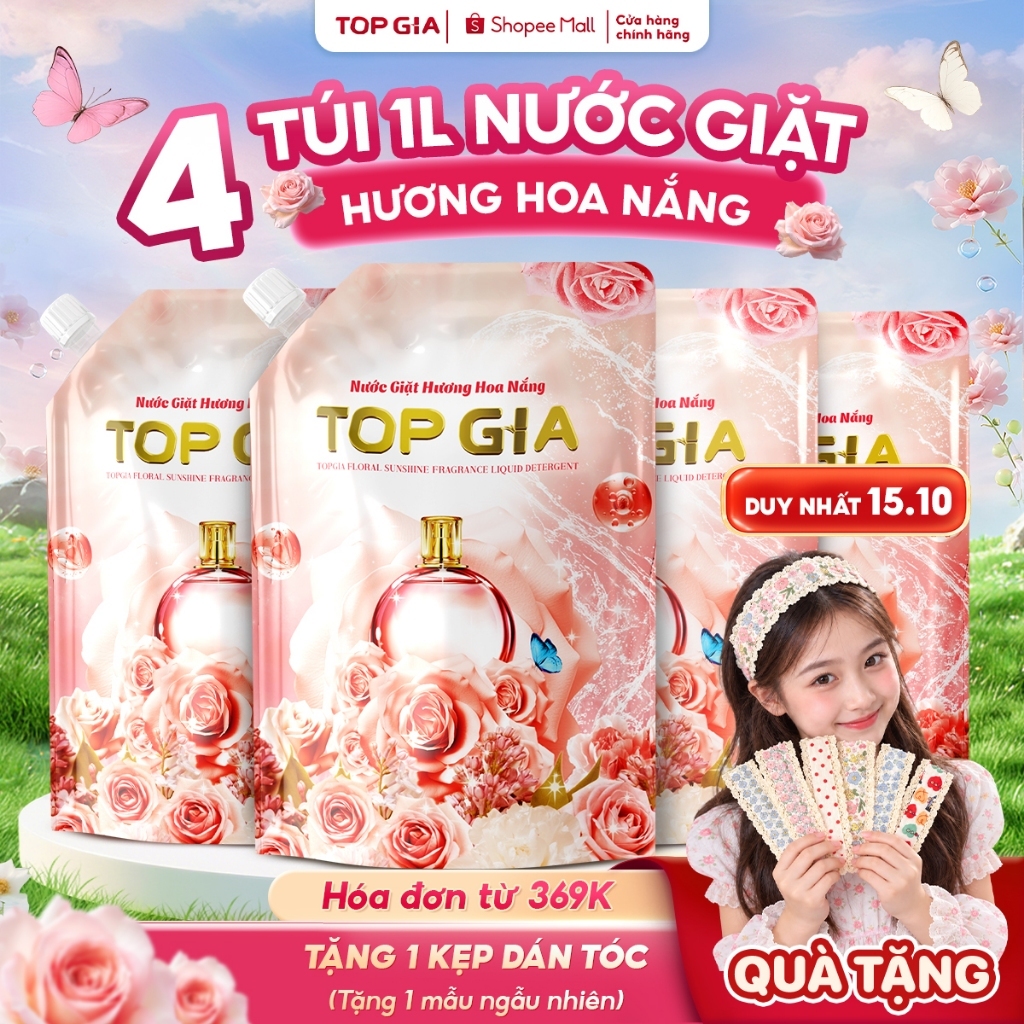 Nước giặt xả Top Gia hương hoa nắng dịu nhẹ túi 1L giúp làm sạch khuẩn sạch bẩn lưu hương 72H 0PT