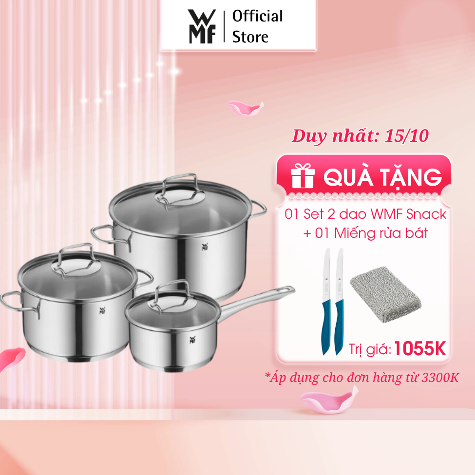 Bộ Nồi WMF Astoria, Đáy Từ 3 Lớp, Thép Không Gỉ Cromargan Size 24,20,16cm, Dùng Được Bếp Từ