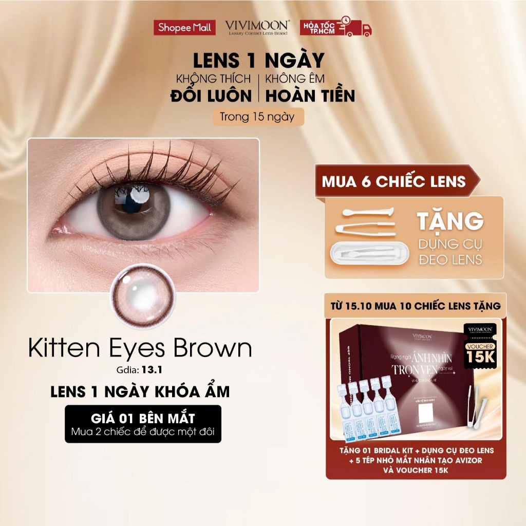 VIVIMOON lens cận 1 ngày màu nâu sáng Kitten Eyes Brown (Giá 1 chiếc - 1 bên mắt)