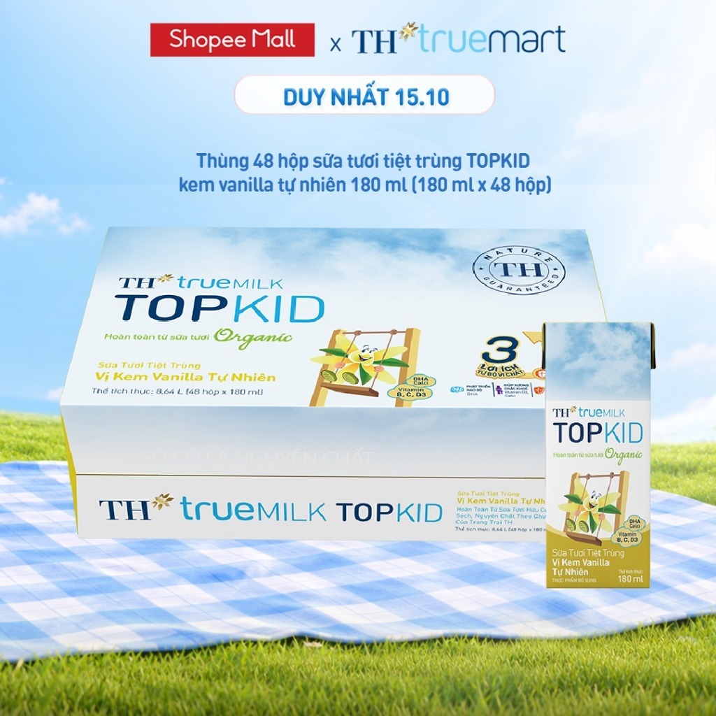Thùng 48 hộp sữa tươi tiệt trùng TOPKID kem vanilla tự nhiên TH true MILK 180ml