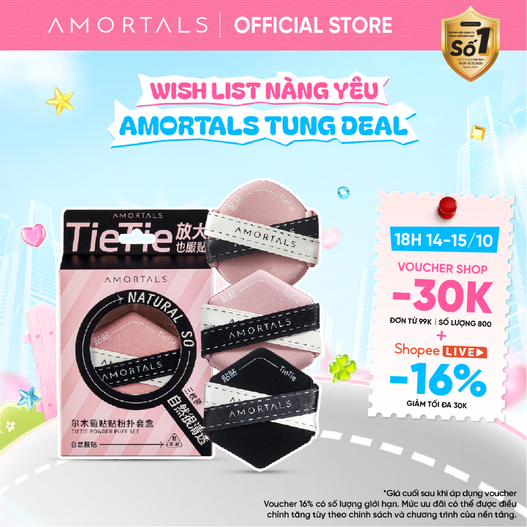 Bộ 3 Bông Mút 2 Mặt Tie Tie AMORTALS, Bông Mút Makeup Dành Cho Người Mới, Giúp Lớp Nền Đẹp Tự Nhiên