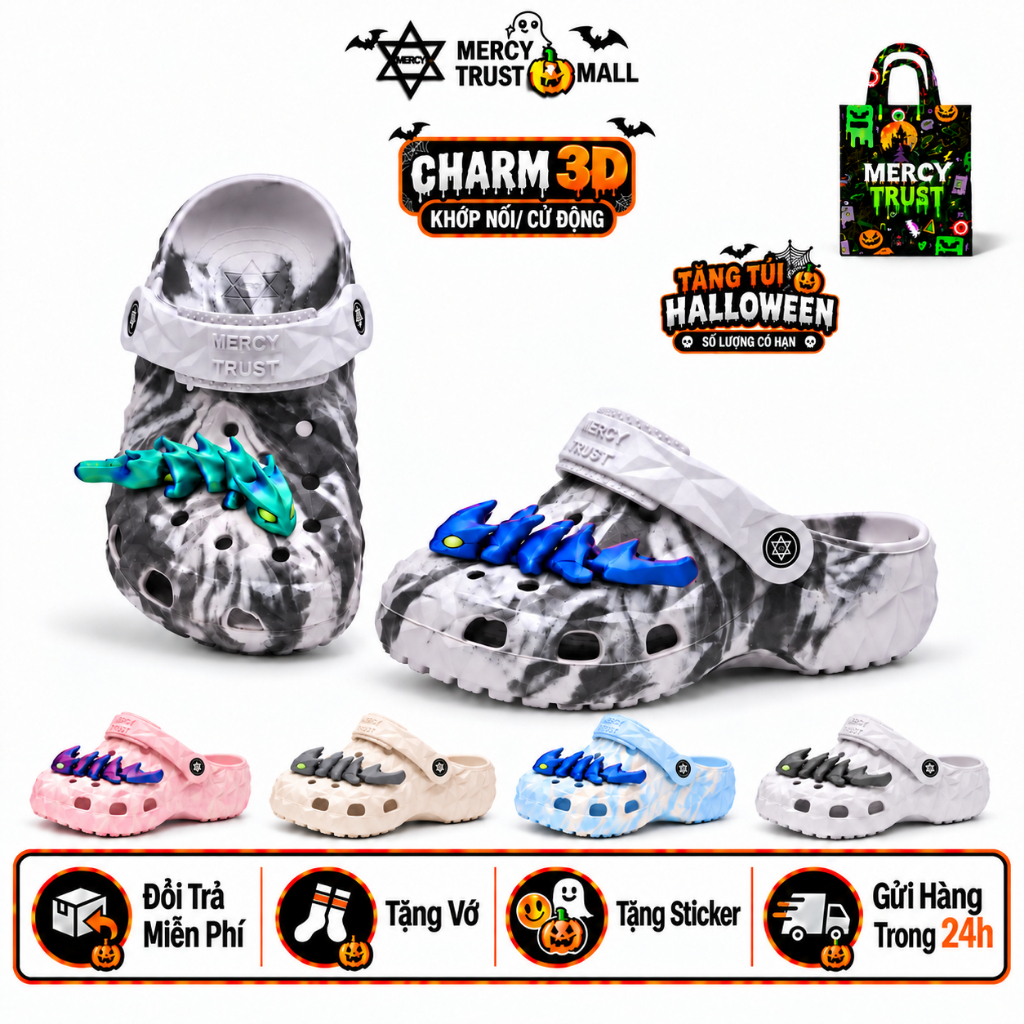 [TẶNG TÚI HALLOWEEN] Kèm Sticker 3D Rồng, Vớ - Dép Sục MERCY TRUST Kim Cương R01 Đúc Vân Đá Marble Nam Nữ