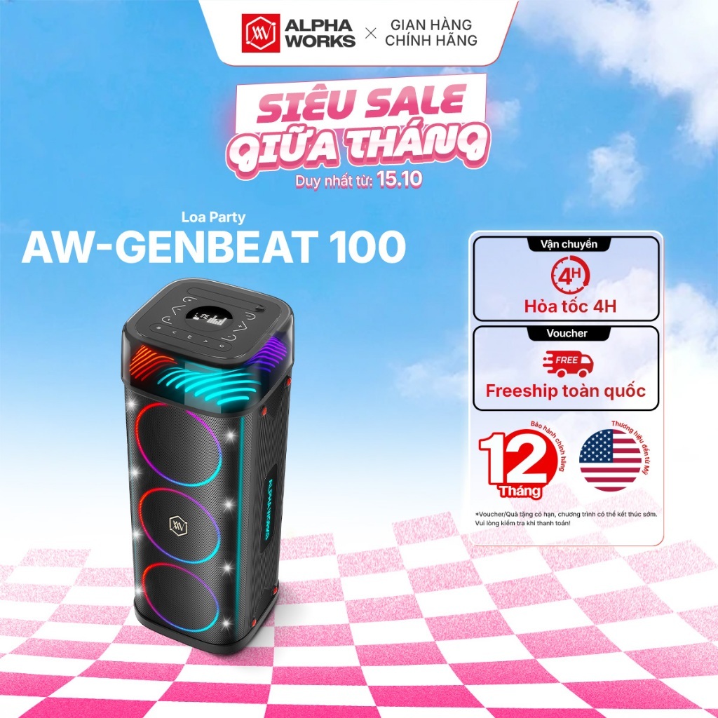 Loa Party Alpha Works GENBEAT 100 - Công suất RMS 60W Peak 120W 3 đường tiếng