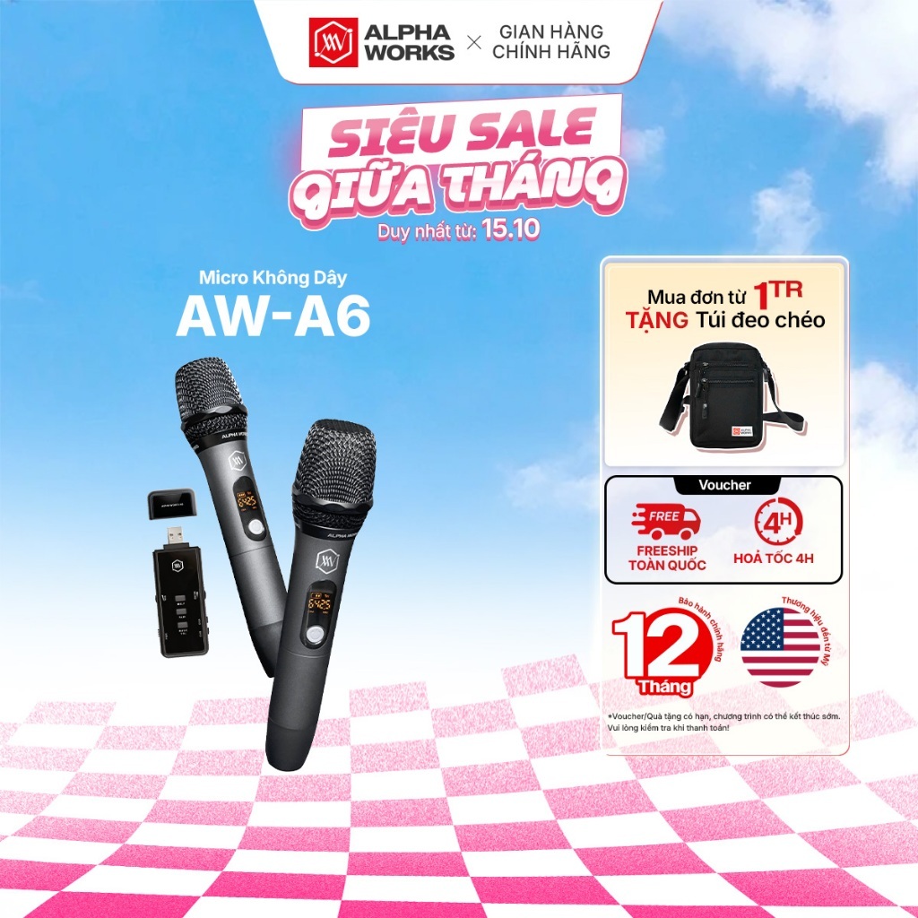 [HỎA TỐC HCM] Micro không dây Alpha Works A6 kim loại lớp sơn tĩnh điện | Dải tần UHF 640 – 690 MHz  | Cổng 3.5mm (AUX)