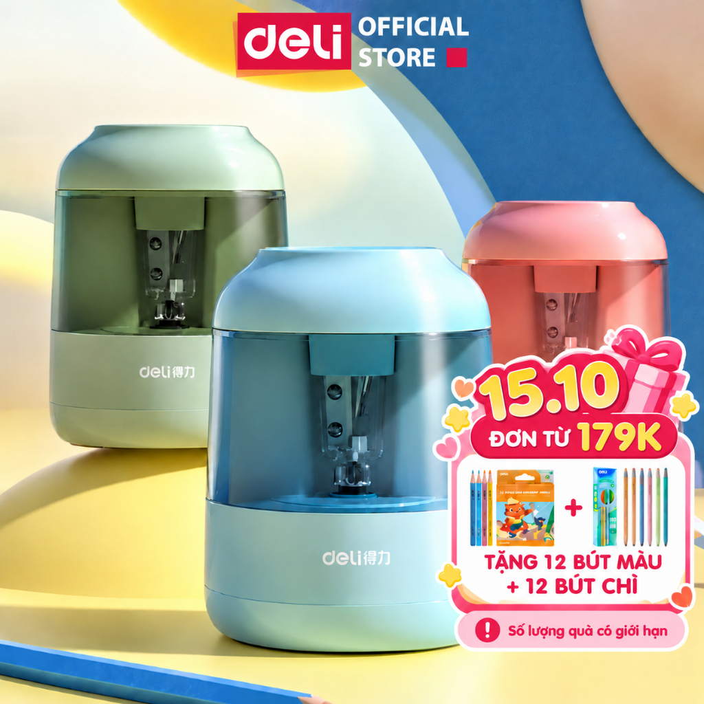 [🔥15.10 TẶNG 24 QUÀ] Gọt bút chì điện tự động Deli tiện lợi, an toàn và bảo vệ người dùng, màu sắc thanh lịch