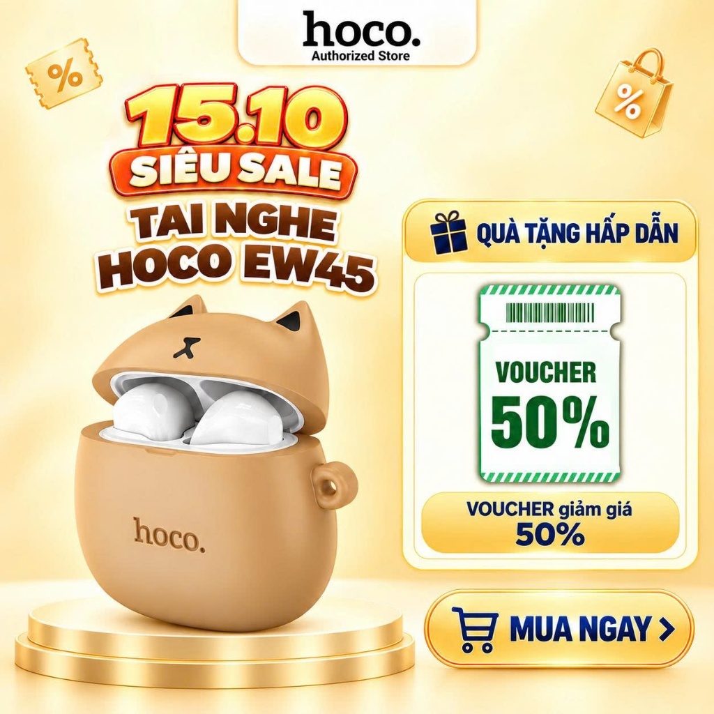 [Tặng ốp Mèo] Tai nghe Bluetooth Hoco EW45 cao cấp - tai nghe kiểu dáng thời trang cute giành cho giới trẻ
