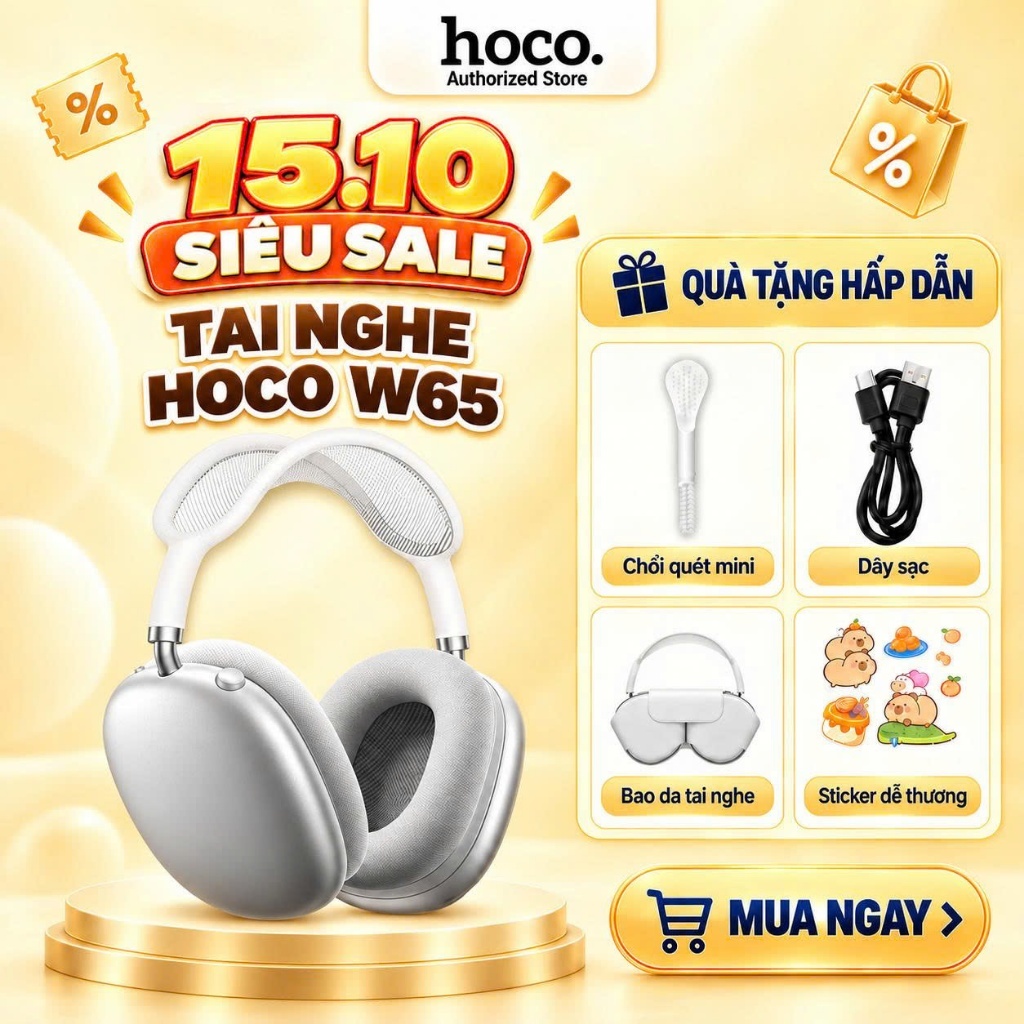 [Tặng bọc tai nghe] Tai nghe chụp tai W65 Plus Hoco bản cao cấp bluetooth 5.4 thiết kế sang trọng chính hãng