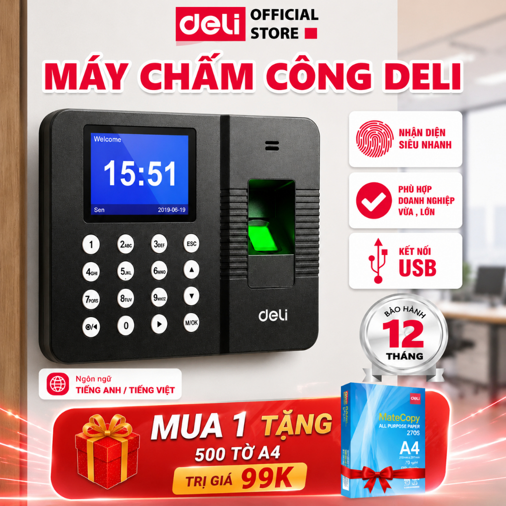 [TẶNG GIẤY A4] Máy Chấm Công DELI Máy Chấm Công Vân Tay Máy Chấm Công Khuôn Mặt Face ID Có Tiếng Việt Báo Cáo File Excel