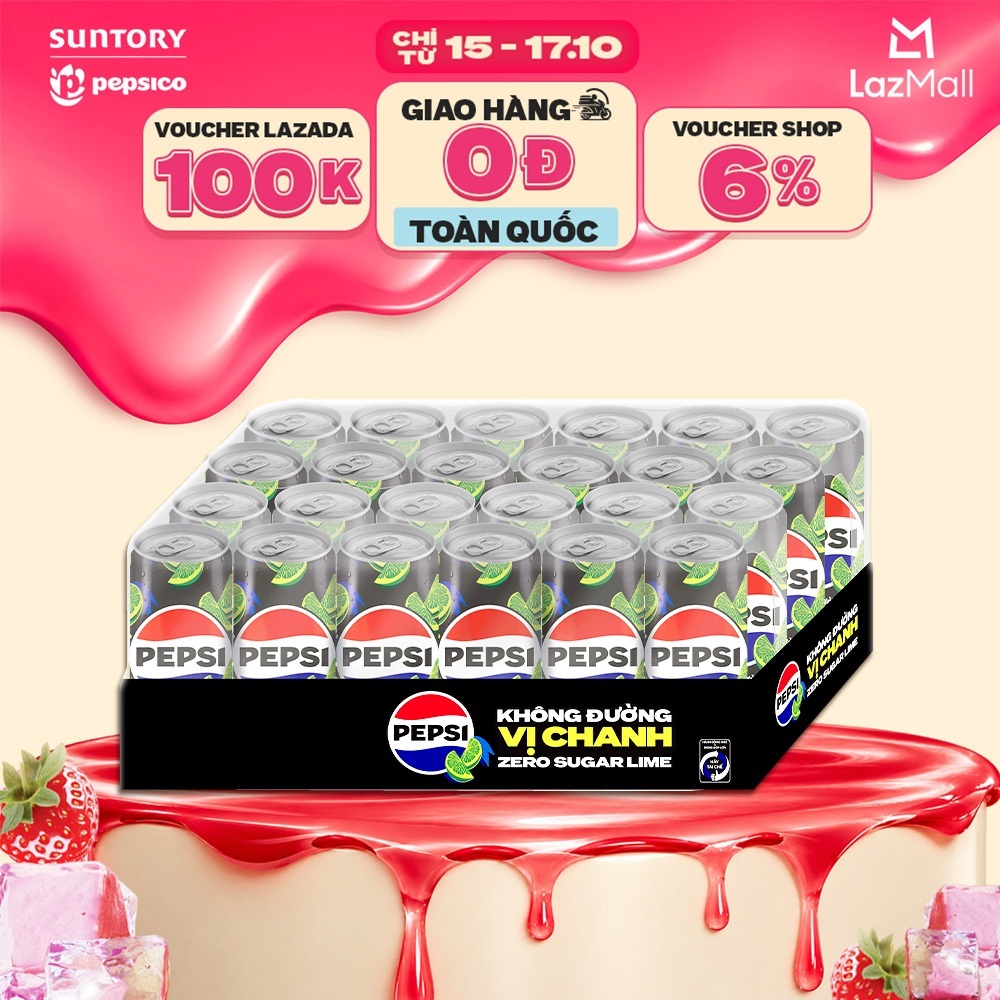 Thùng 24 Lon Nước Uống Có Gaz Pepsi Vị Chanh Không Calo, Không Đường (320ml/lon)