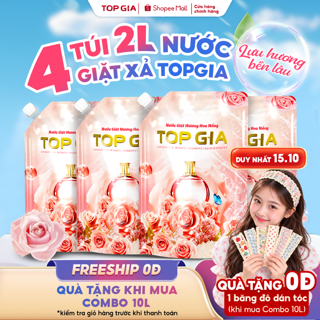 Nước Giặt Xả TopGia Hương Hoa Nắng Dịu Nhẹ Đánh Bay Vết Bẩn Lưu Hương 72H