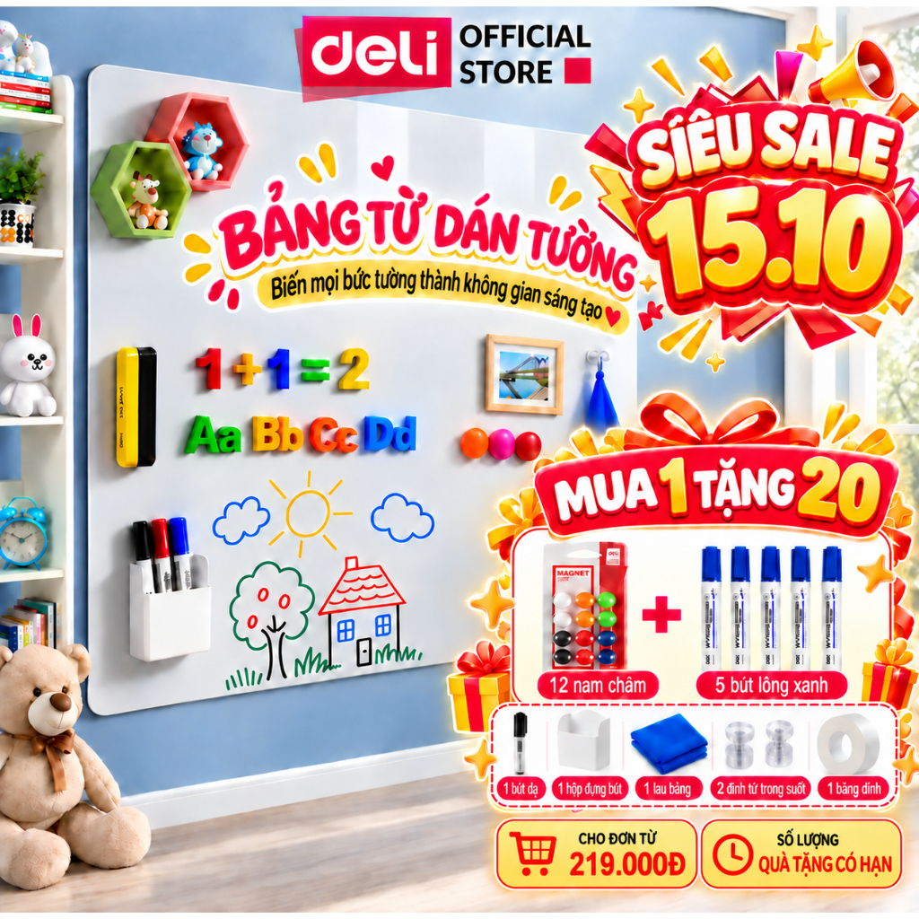 [🔥VOUCHER GIẢM SỐC + COMBO 20]Bảng Trắng Dán Tường DELI Bảng Từ Trắng Dán Tiện Lợi Bảng Trắng Viết Trơn Tặng Kèm Bộ Phụ
